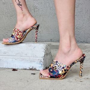 Women's Print Color Roman Stud Quilted Slide High Heel Sandals